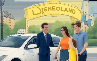Illustration d’un transfert serein vers Disneyland Paris, avec un taxi propre et une famille prête à partir. L’image évoque la sécurité, la ponctualité et le confort du trajet.