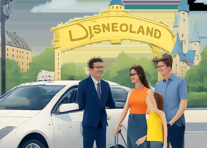 Illustration d’un transfert serein vers Disneyland Paris, avec un taxi propre et une famille prête à partir. L’image évoque la sécurité, la ponctualité et le confort du trajet.