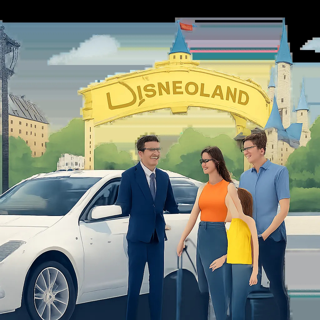 Illustration d’un transfert serein vers Disneyland Paris, avec un taxi propre et une famille prête à partir. L’image évoque la sécurité, la ponctualité et le confort du trajet.