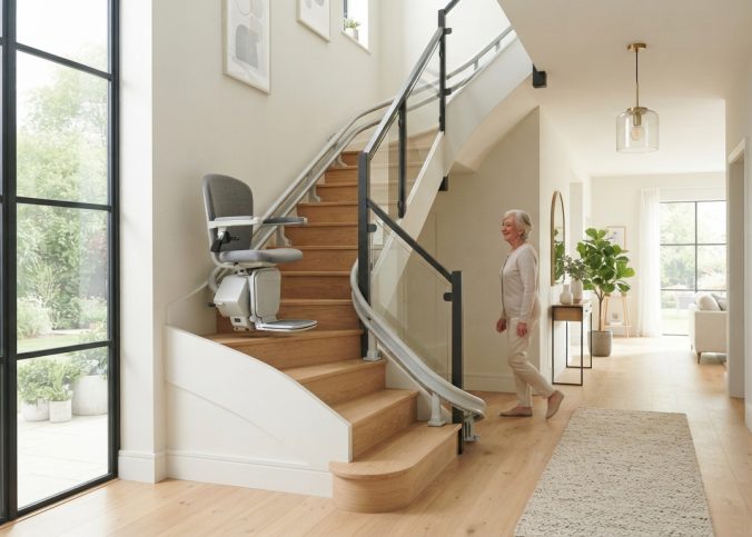 Monte-escalier moderne sur un escalier tournant, maison lumineuse