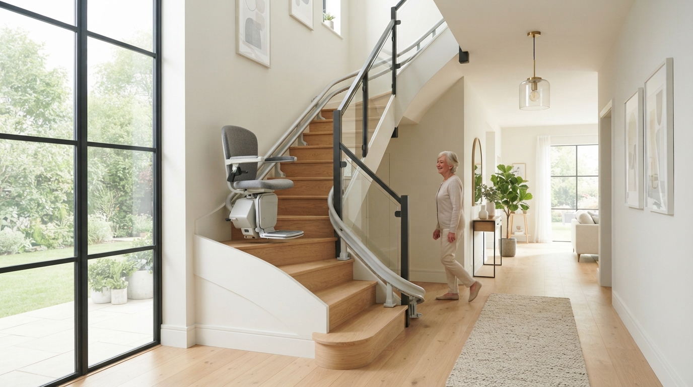 Monte-escalier moderne sur un escalier tournant, maison lumineuse